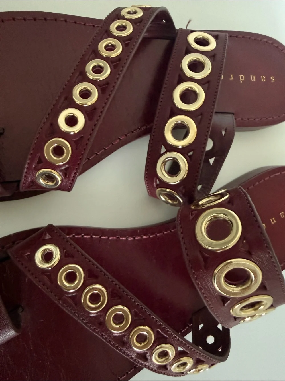Sandro Burgundy Leather Grommet Gladiator Sandals EU40 US 9 Gold Stud Flat Slide